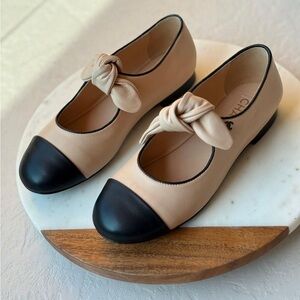 CHANEL Nude and Black Flats with Bow Mary Jane Strap 37